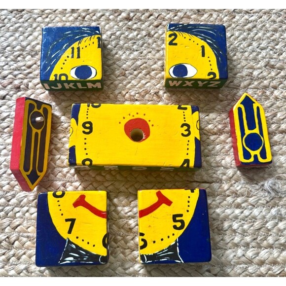 Vintage Handmade Folk Art Wooden Blocks Puzzle Alphabet, Numbers, Clock UNIQUE - Picture 7 of 11
